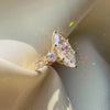 Engraved gold engagement ring, vintage marquise diamond ring side view, custom 3-stone ring, handcrafted luxury jewelry.