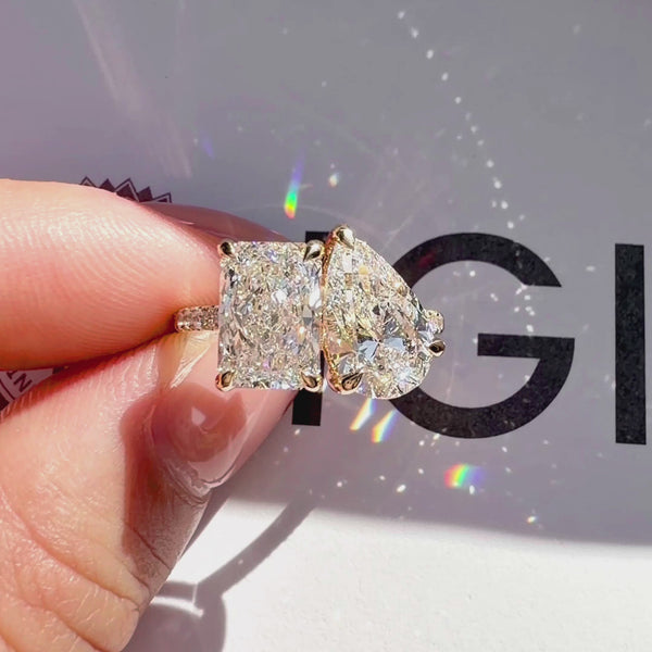 Radiant and pear Toi et Moi ring, yellow gold pavé engagement ring, IGI certified diamond ring, custom two-stone bridal jewelry.