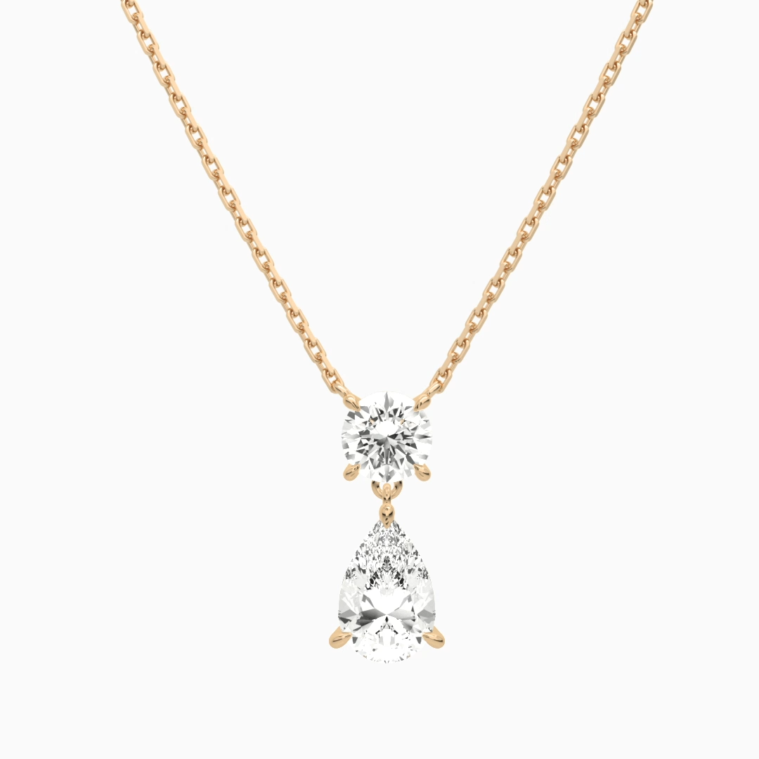 Product Video for Duo Drop Round and Pear Lab Grown Diamond Necklace In 14K Rose Gold