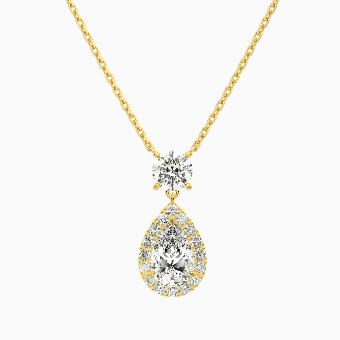 Product Video for Duo Drop Round and Halo Pear Lab Grown Diamond Necklace In 14K Yellow Gold